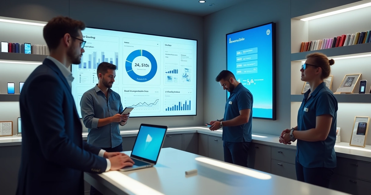 Gestor organizando vendas, estoque e equipe usando plataforma digital