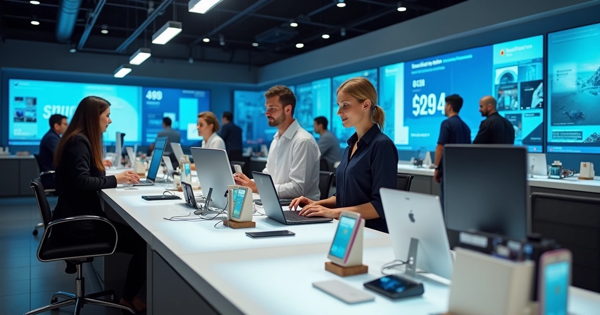 Loja de celulares moderna com equipe e computadores integrados 