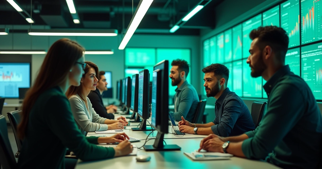 Equipe de loja de celular usando computador para registrar vendas, com gráficos de desempenho ao fundo.