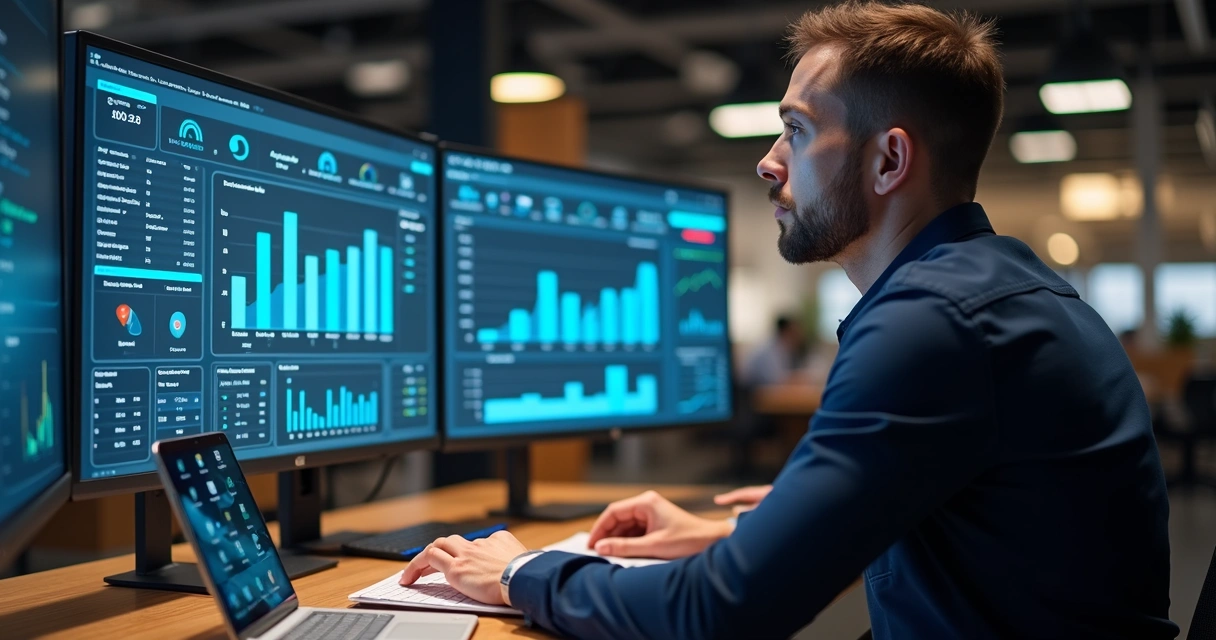 Gestor analisando gráficos em uma plataforma digital de gestão, com celulares ao fundo