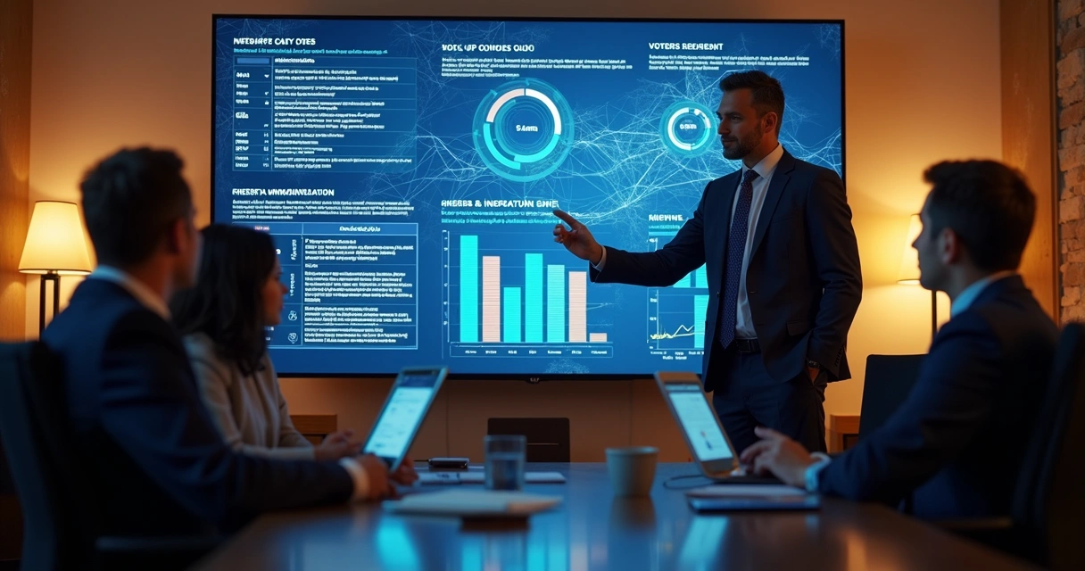 Deputado e equipe analisando dados em tela grande 