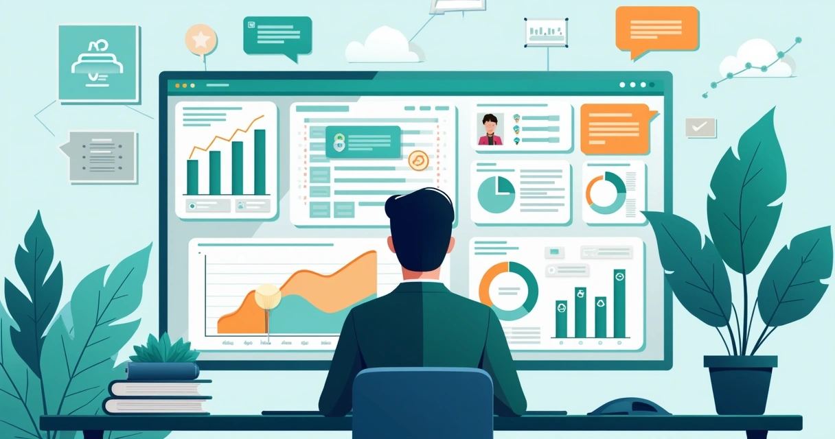 Gestor público avaliando painel digital de gestão de mandato com gráficos, lista de contatos e mensagens recebidas. 