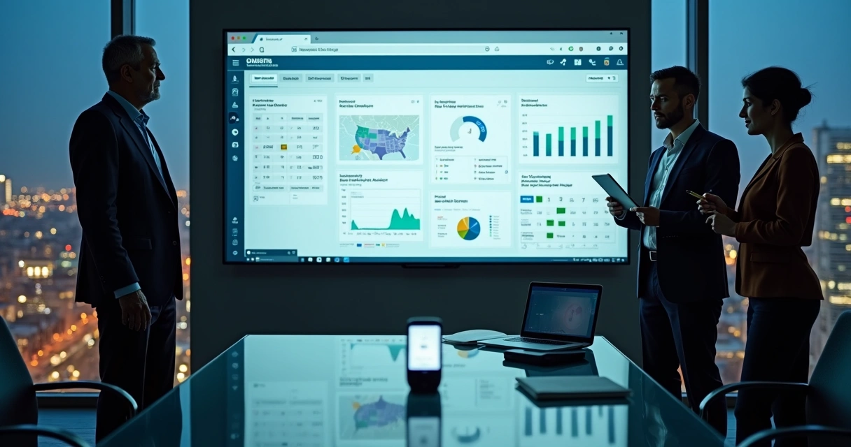 Líder político revendo painel digital de gestão de mandato com equipe 