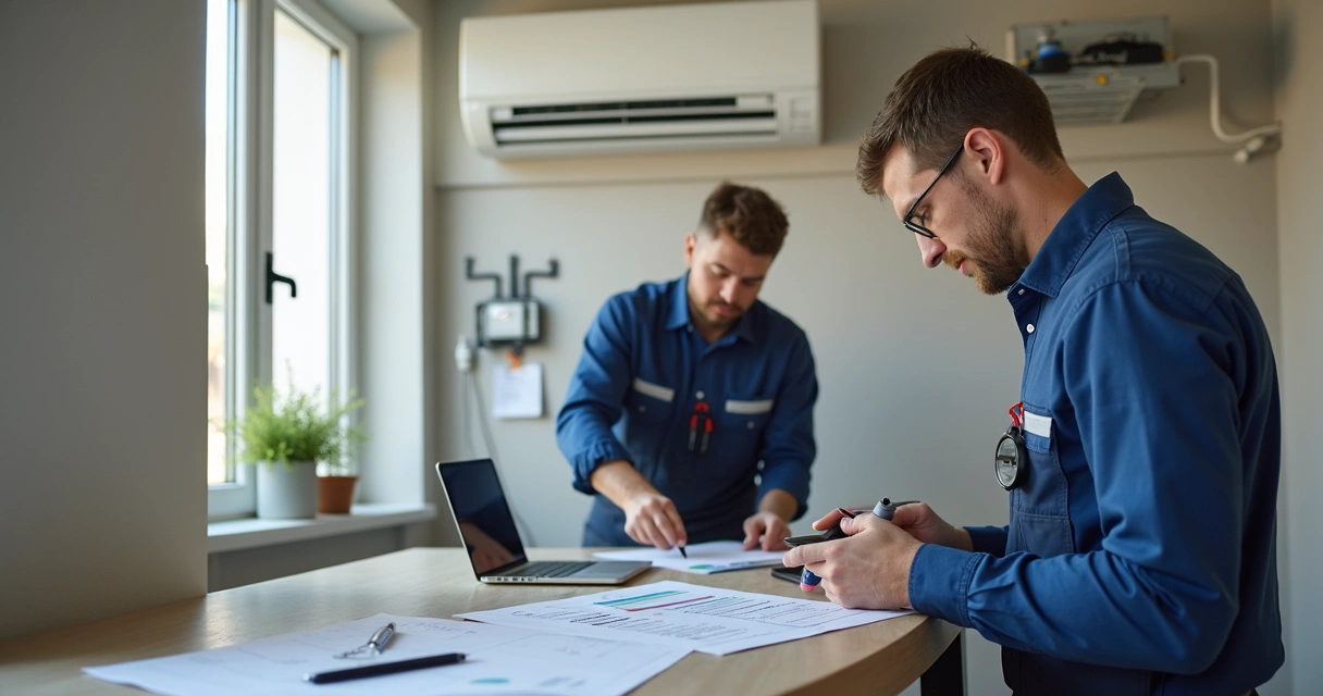 Gestão de manutenção em apartamento moderno com técnicos trabalhando 
