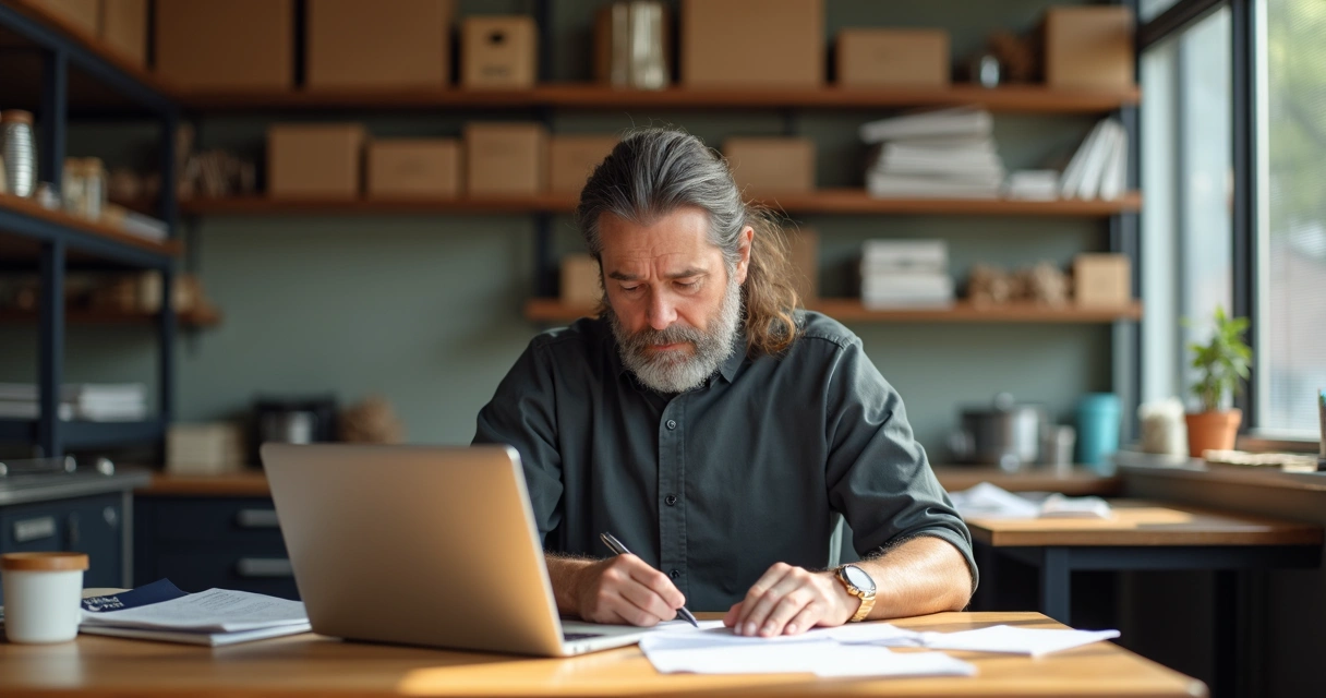 Dono de restaurante revisando formulários de estoque em escritório pequeno com computador e prateleiras organizadas ao fundo. 