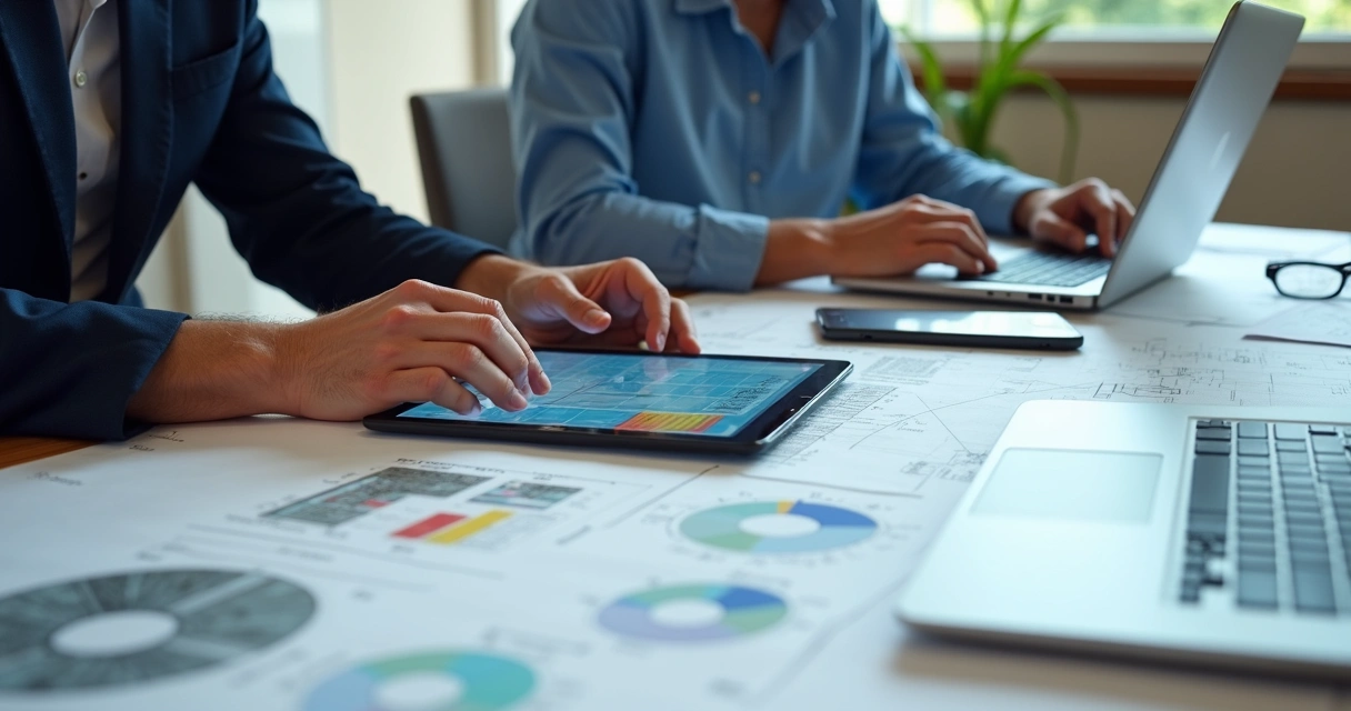 Profissionais analisando relatórios digitais de manutenção de obras 