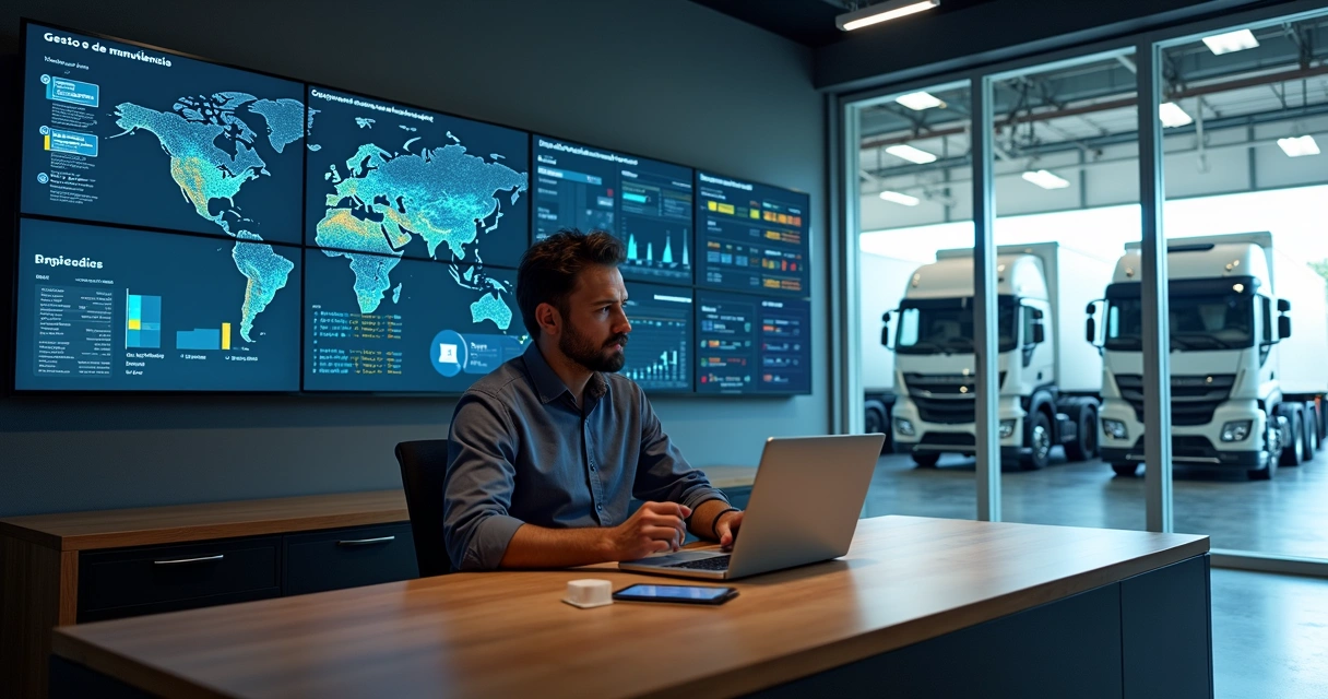 Centro de controle de frota monitorando manutenção de caminhões em tempo real 