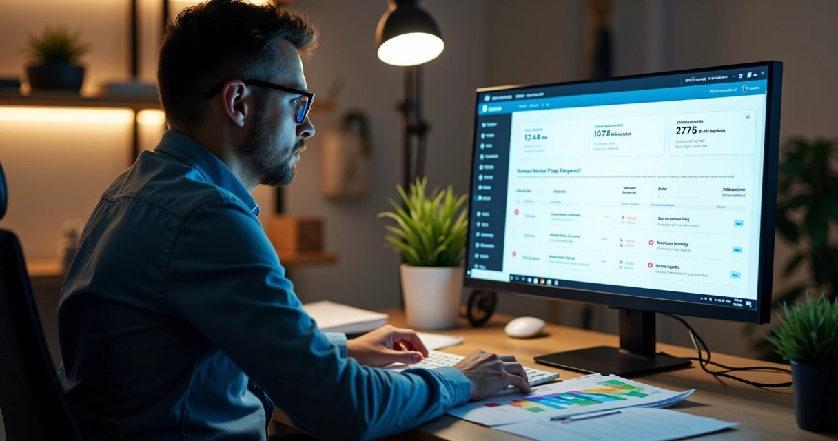 Profissional analisando painel administrativo de site WordPress 