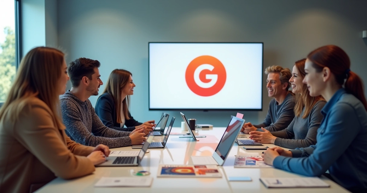 Sala de reunião com equipe analisando manual de gestão de marca 