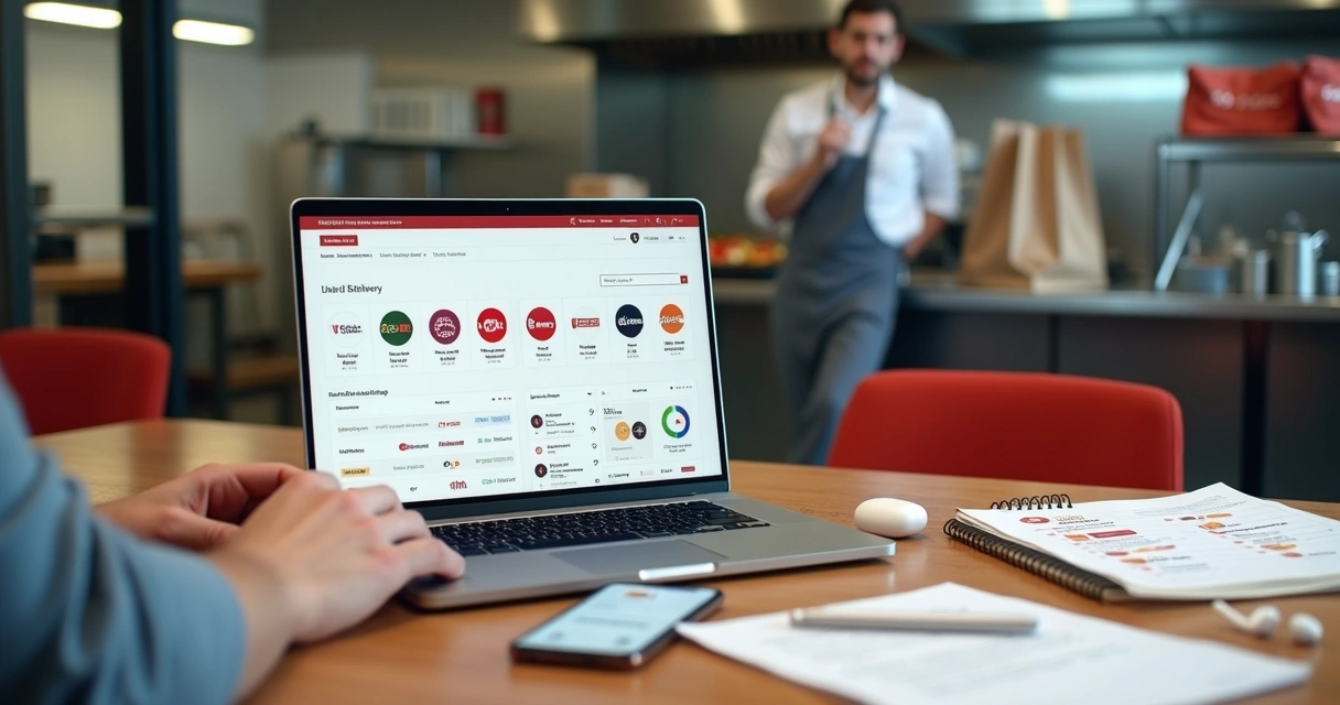 Gestor de delivery usando painel do portal iFood com várias marcas na tela 