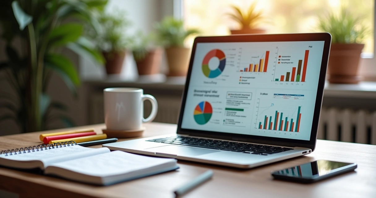 Mesa de trabalho com laptop, cadernos, canetas e gráficos de marcas para pequenos negócios 