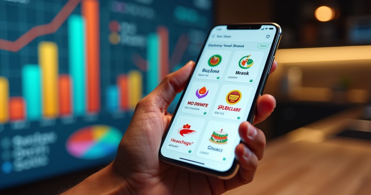 Tela de smartphone exibindo aplicativo 99food com múltiplas marcas de delivery e gráficos de vendas ao fundo 