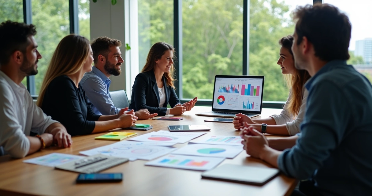 Equipe de marketing digital analisando gráficos em sala de reunião 