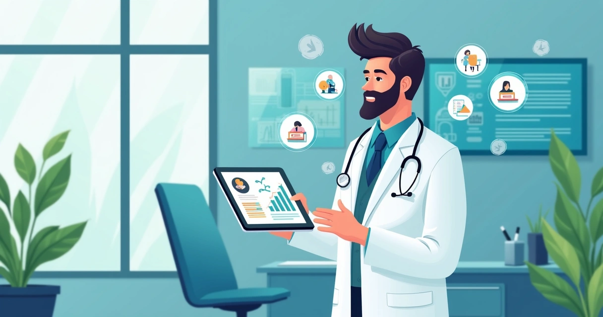 Médico usando tablet com gráficos, símbolo de tecnologia na saúde.