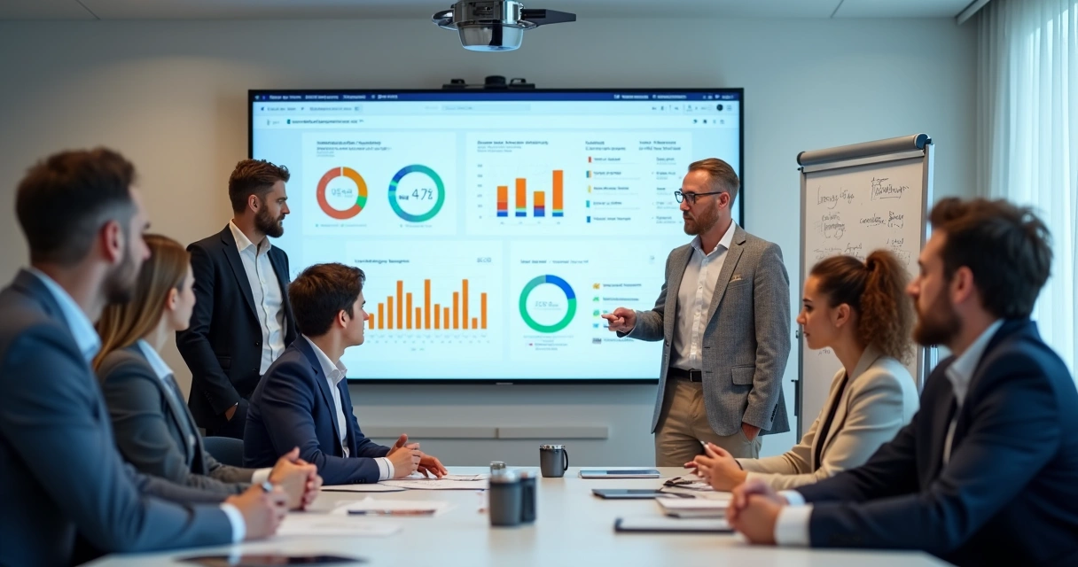 Equipe de mentores analisando painel de indicadores e discutindo estratégias de afiliados 