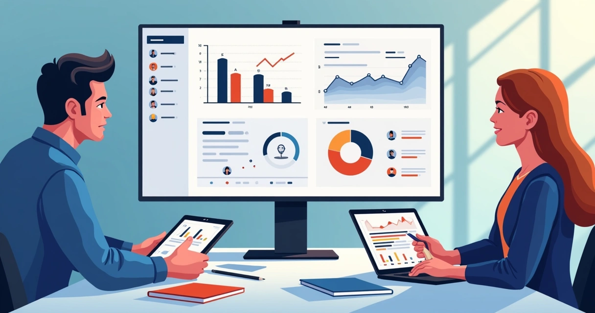 Painel digital com gráficos de desempenho em mentoria, cards de tarefas, videochamada aberta e ícones customizados. 