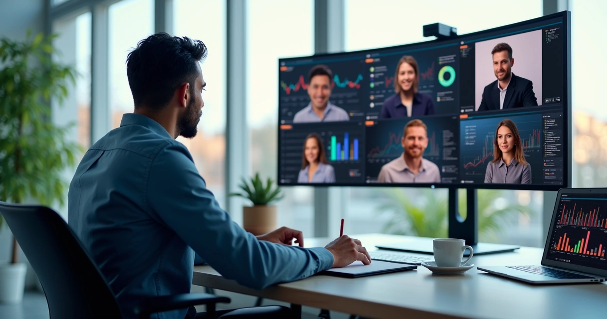 Mentor conduzindo reunião virtual com equipe de mentorados, telas de computador exibindo gráficos de acompanhamento 
