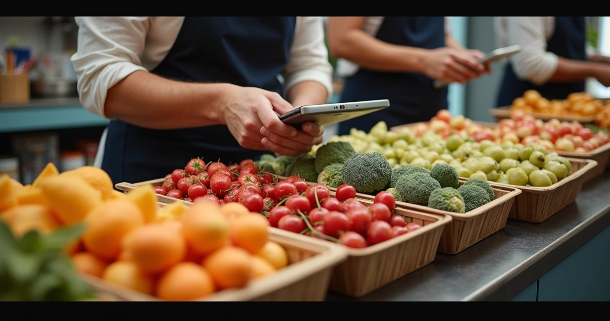 Prateleiras com alimentos e tecnologia de gestão digital 