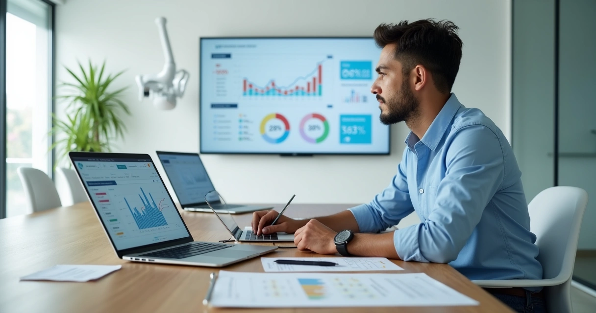 Gestor de clínica odontológica analisando metas e indicadores em painel digital 