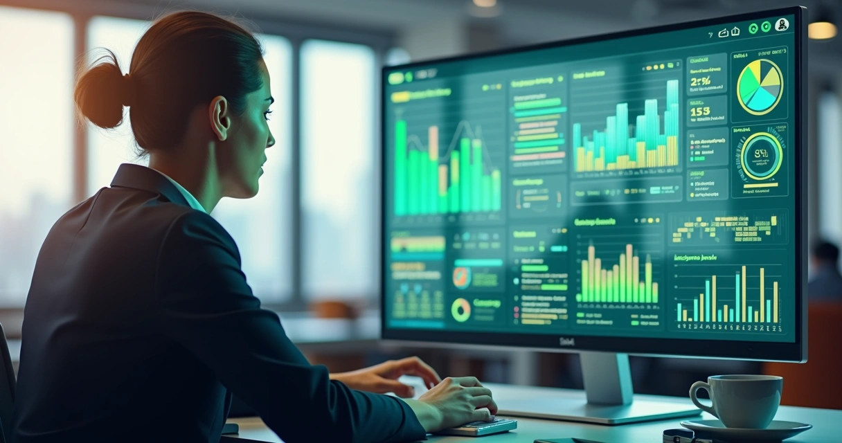Pessoa analisando gráficos e metas em tela digital de alta resolução com interface de Customer Success B2B 