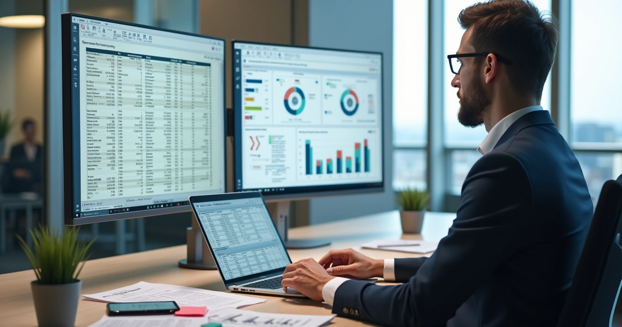 Gestor olhando dashboard e planilhas em telas diferentes 