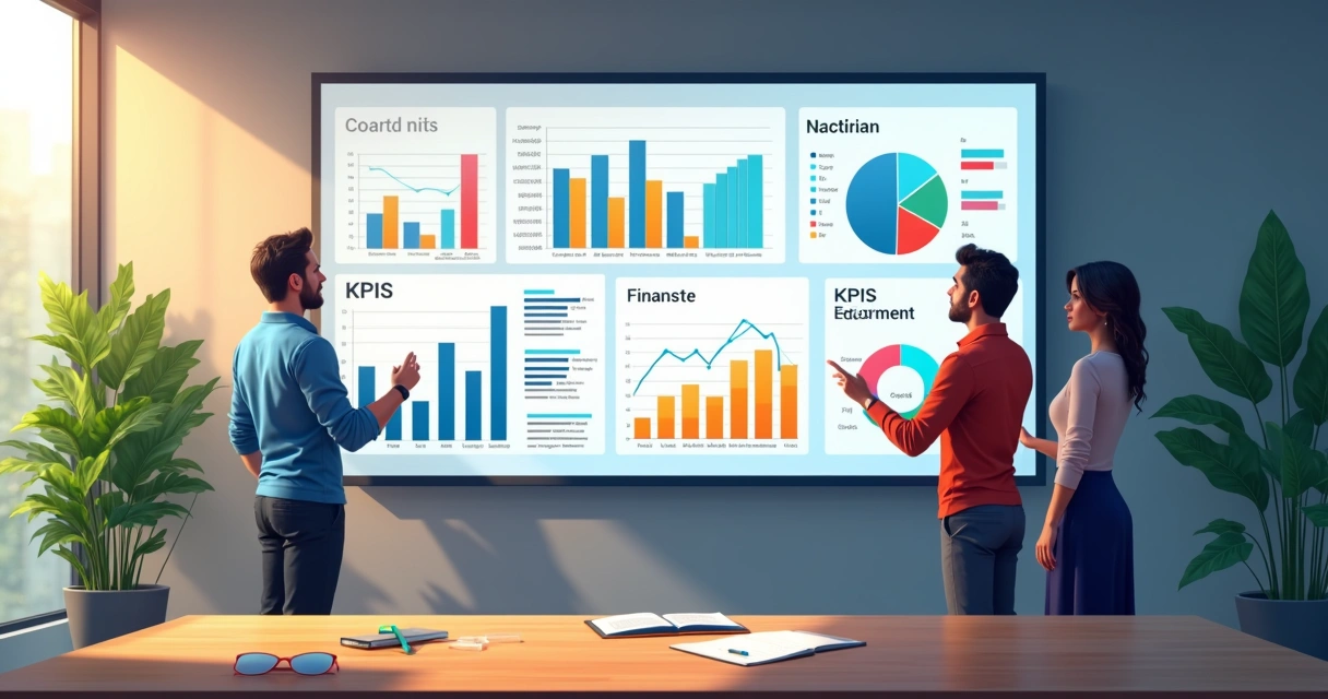Dashboard digital de métricas de agência em tela grande, gráfico de barras e times analisando. 