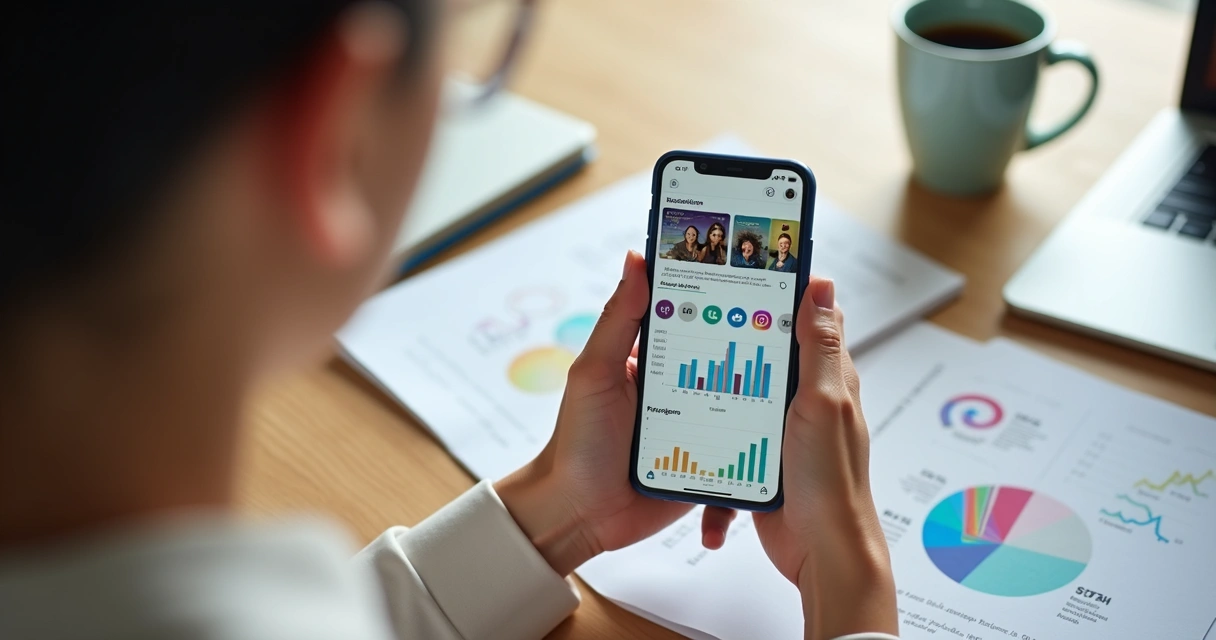 Celular mostrando gráficos de redes sociais e imagens de marketing 