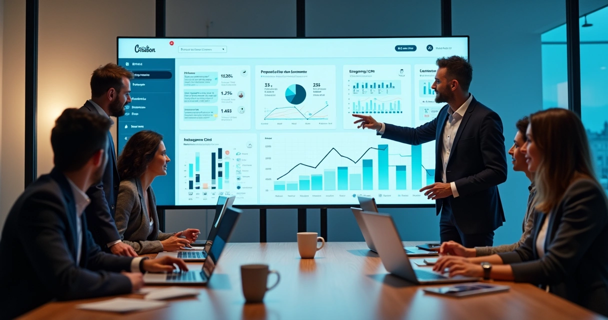 Equipe B2B analisando painel de mídias sociais e funil de vendas 