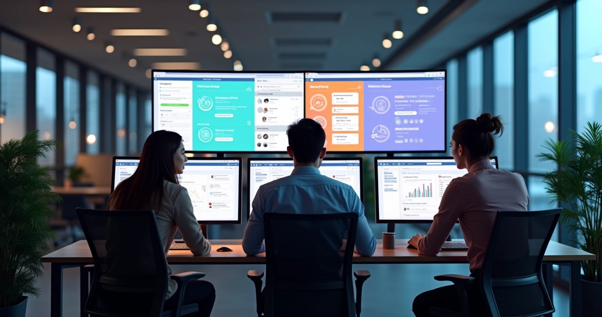 Equipe monitora redes sociais em computadores. 