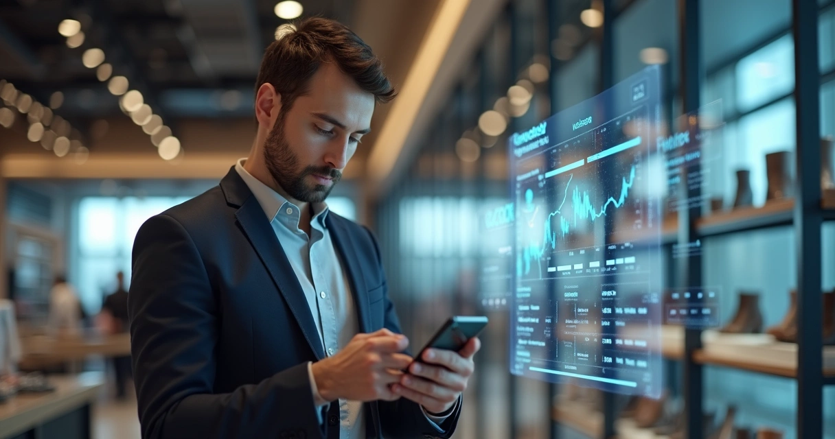 Gestor analisando vendas pelo celular na loja 