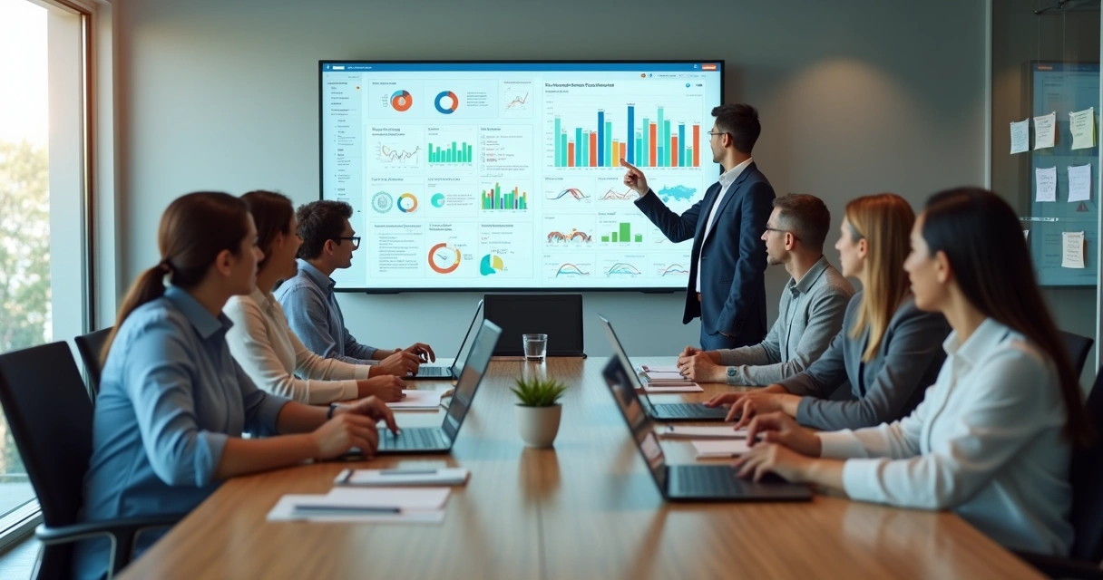 Gestores de entidade de classe analisando painel digital de gestão integrada 