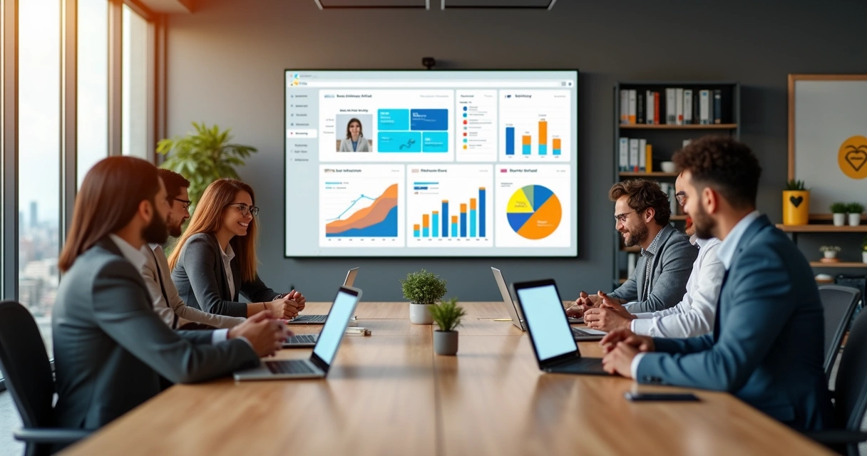 Equipe de entidade do terceiro setor usando painel digital para gestão de associados e finanças 