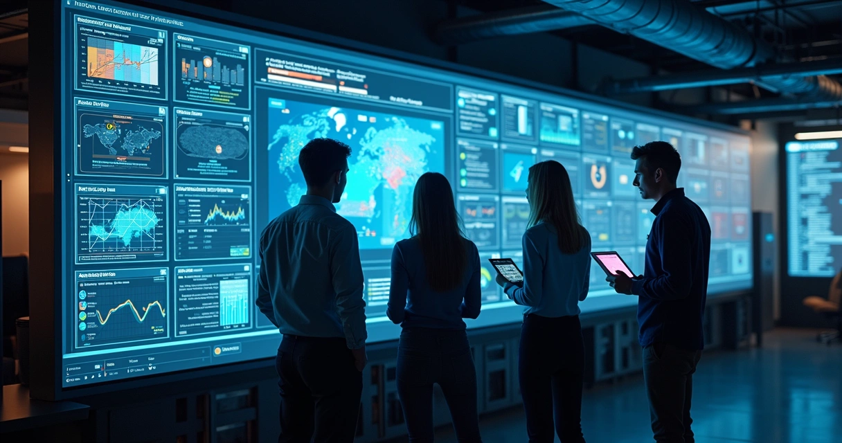 Monitoramento de servidores em tela grande em sala de TI