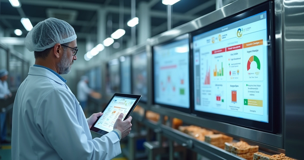 Gestor analisando mudanças em linha de produção de alimentos com tablet 