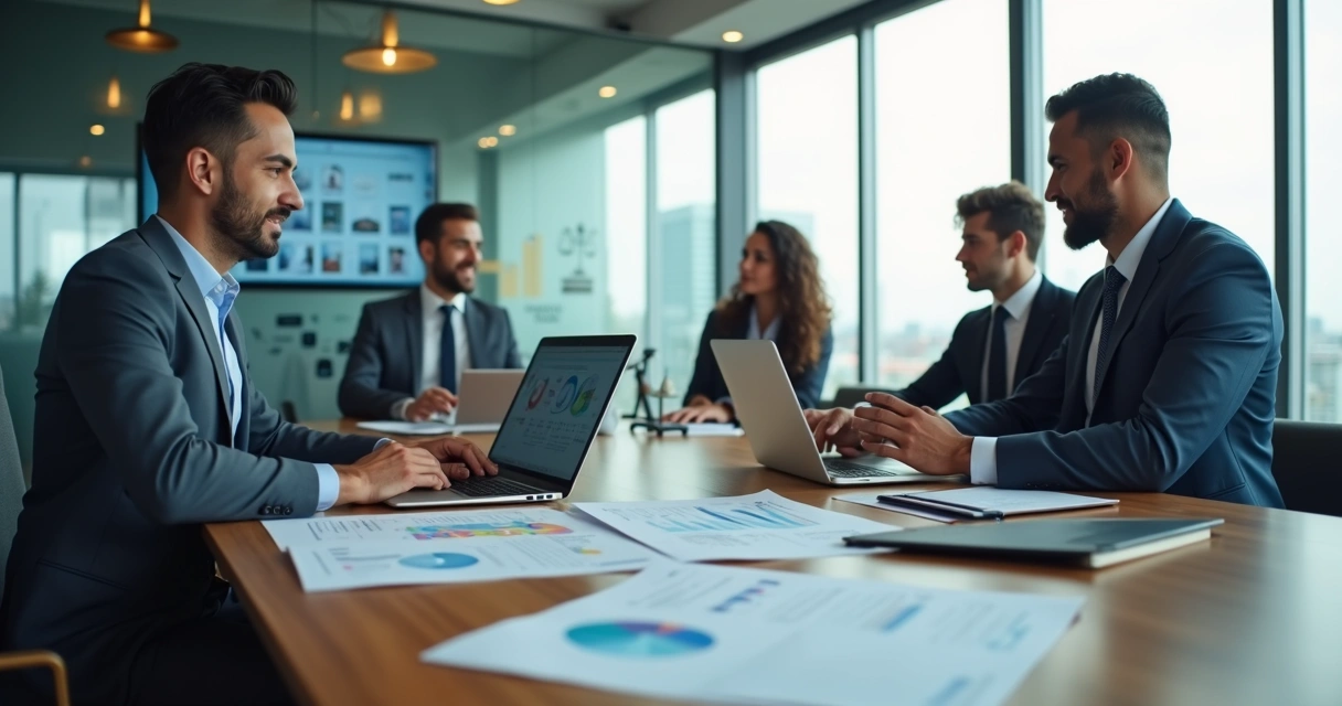 Gestor analisa documentos trabalhistas em escritório moderno com equipe ao fundo 