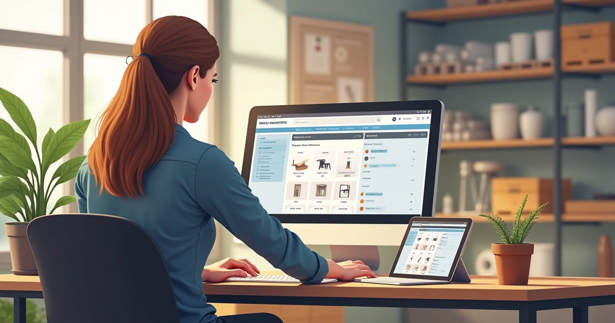 Gestão multicanal loja de materiais de construção com computador, smartphone e balcão