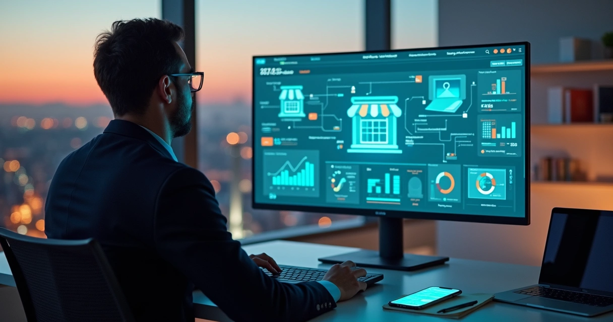 Gestor de varejo analisando painel com integrações multicanais 
