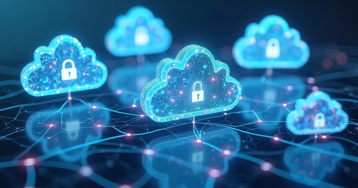 Múltiplos servidores em nuvens distintas conectados por linhas digitais