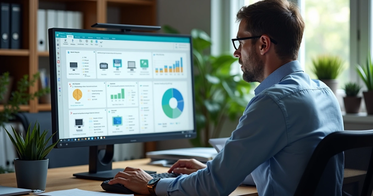 Profissional de TI monitorando multifuncionais em dashboard de software