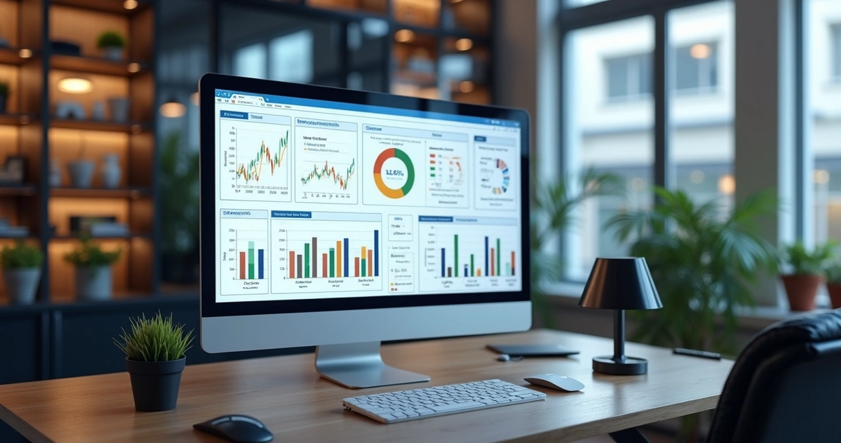 Tela de sistema ERP exibindo dashboard com gráficos de vendas, controle de estoque e gestão fiscal integrada para várias lojas 