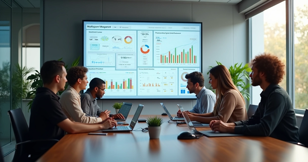 Painel digital com dashboard de gestão multiloja exibindo estoque, vendas e financeiro unificados em tempo real 