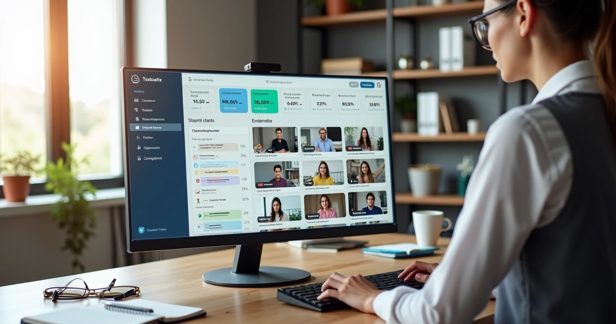 Gestor acompanhando múltiplas turmas online em um painel com vários alunos em vídeo 