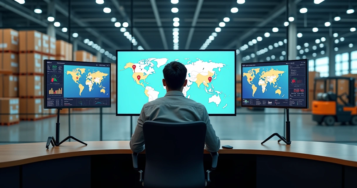 Gestor de e-commerce acompanhando múltiplos centros de distribuição integrados em um painel digital 