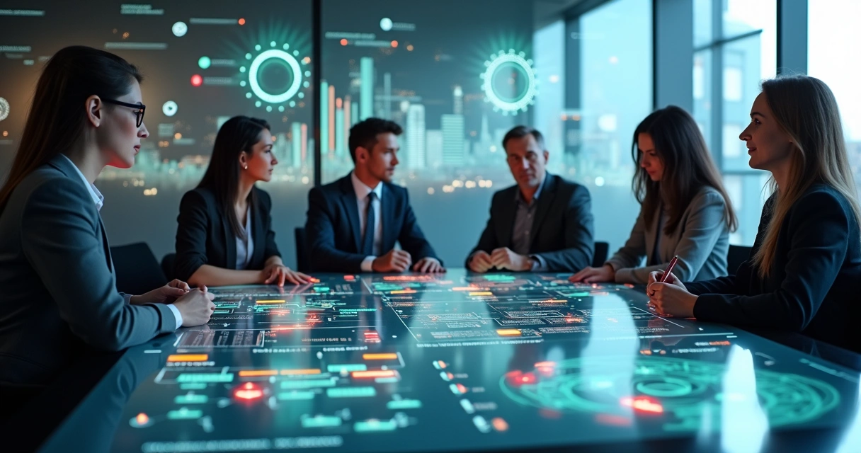 Equipe analisando painel digital com sinais de não conformidade e apoio de inteligência artificial 
