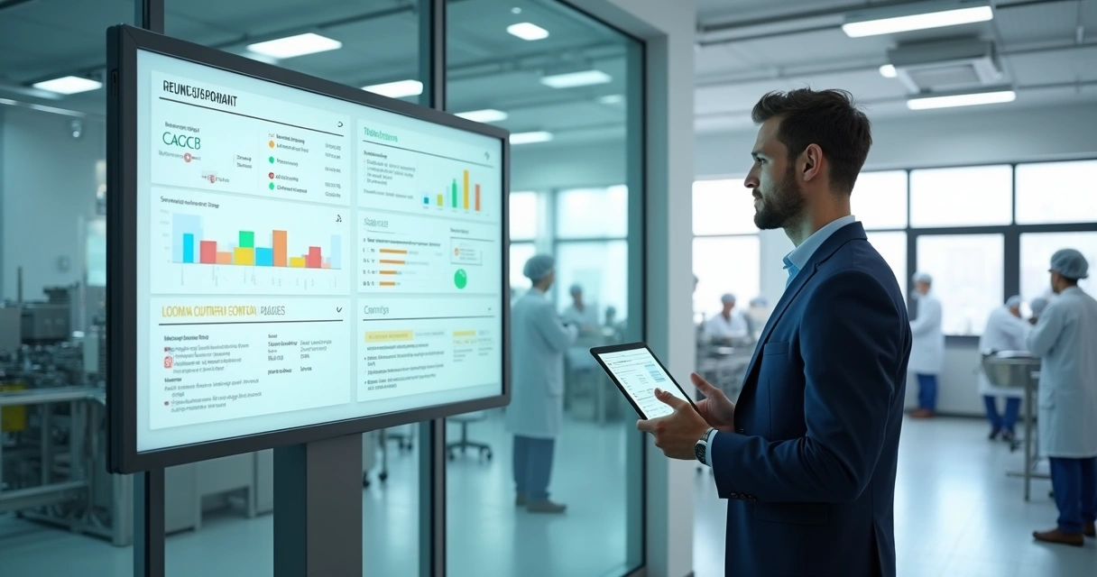 Gestor analisando painel digital de não conformidades em indústria de alimentos 