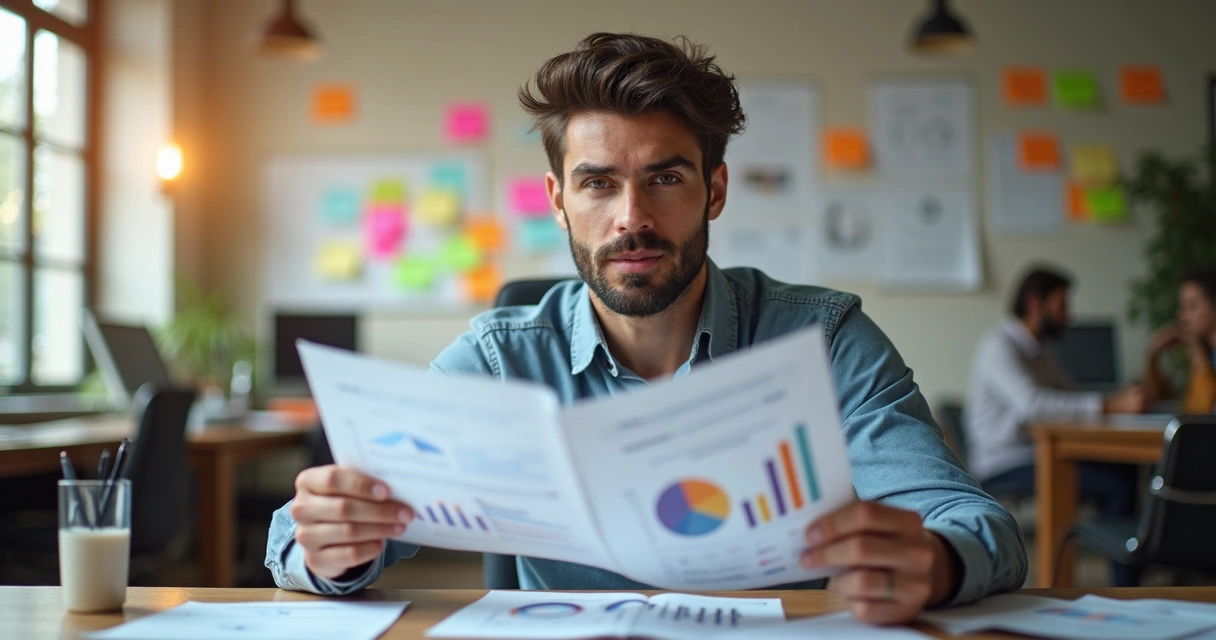 Empresário analisando gráficos de crescimento em seu próprio escritório 