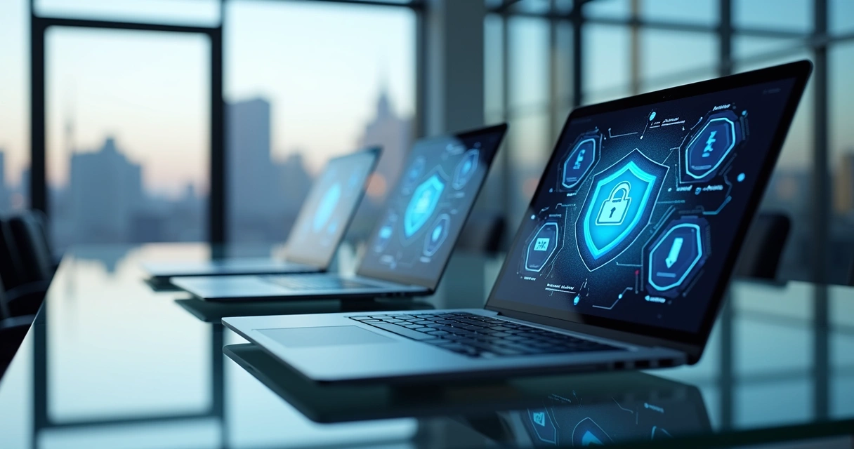 Visão central de notebooks alinhados para gestão empresarial 