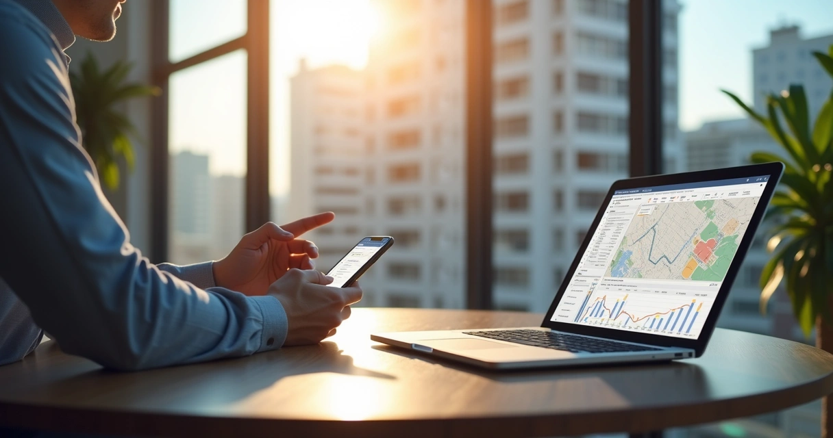 Painel de gestão imobiliária acessado por notebook e smartphone