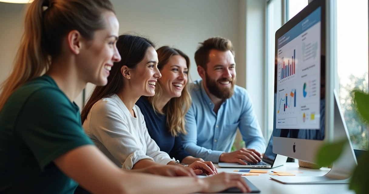 Equipe PME analisando metas em software OKR 