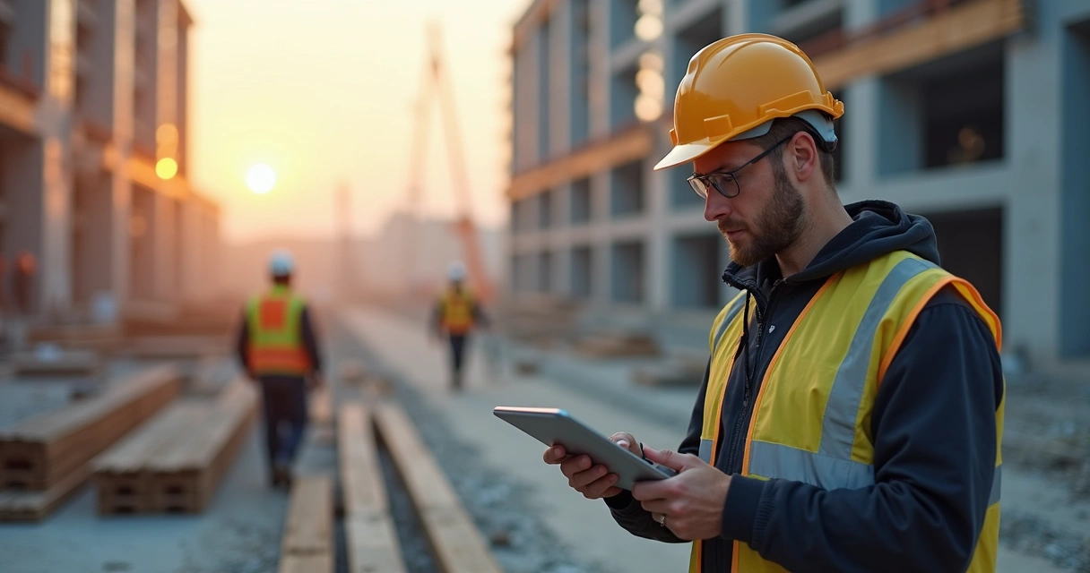 Gestor técnico de obra analisando cronograma e checklist em tablet em canteiro comercial moderno 